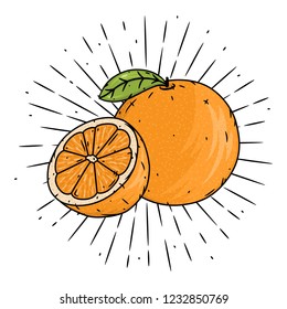 Orange fruit. Vector illustration with orange fruit and divergent rays. Used for poster, banner, web, t-shirt print, bag print, badges, flyer, logo design and more.  Lemon