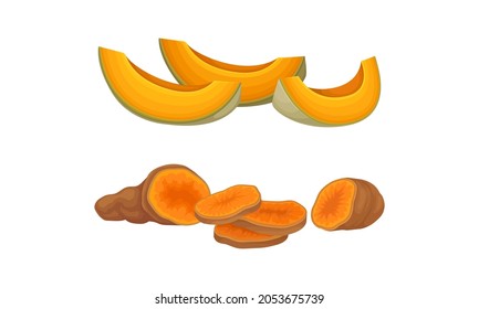 Orange fruit and vegetables set. Fresh ripe pumpkin and sweet potato cartoon vector illustration