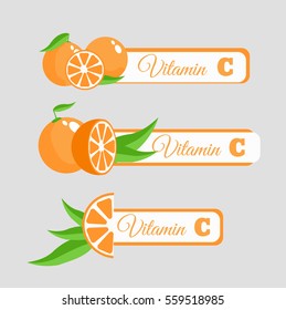 Orange fruit with vitamin C label set eps 10