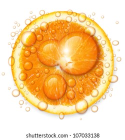 Orange fruit with water drops isolated on white background. Vector illustration.