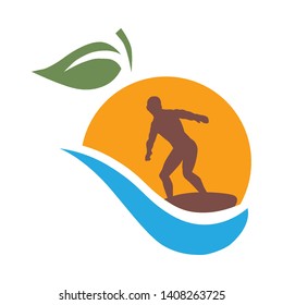 Orange fruit, water wave and surfer, logo icon