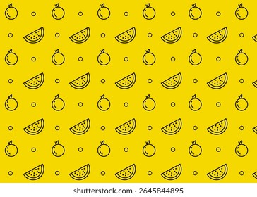 An orange fruit and watermelon illustration pattern with yellow background, food packaging, fruit illustration hand drawn print ads, food business, farm