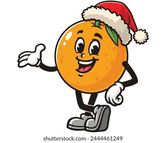 Orange fruit wearing a Christmas hat cartoon mascot illustration character vector clip art hand drawn