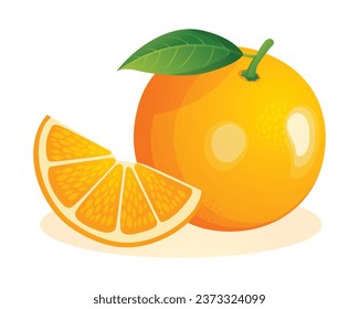 fruta naranja entera y cortada en rodajas. Ilustración del vector aislada en fondo blanco