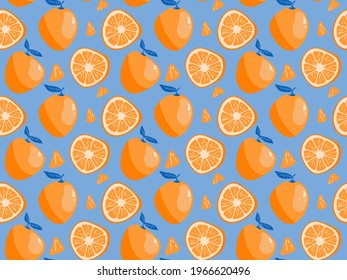 Orange fruit whole and half sliced seamless pattern. Tropical ruit with leaves orange and blue repeated background. Vector illustration for fabric or wallpaper print.
