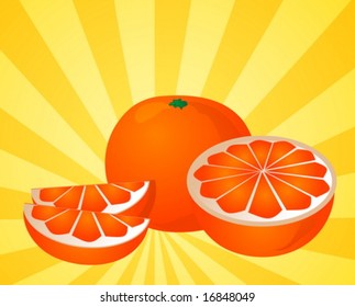 Orange fruit, whole, halved, and sliced into sections, illustration