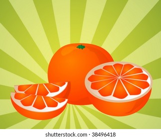Orange fruit, whole, halved, and sliced into sections, illustration