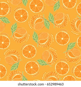 Orange fruits background. Hand drawn seamless pattern. Doodle and zentangle style. Vector illustration.