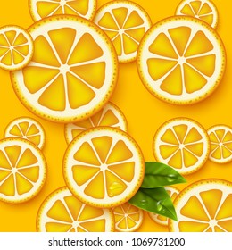 Orange fruits background. Sliced orange pieces with leaves and water drop. Vector illustration.