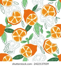 Orange fruits element in seamless pattern design, hand drawn vector illustration isolated on white background. Textile and packaging, wrapping and wallpaper idea with oranges.