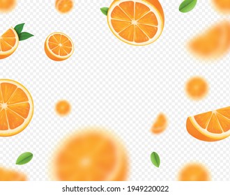 Orange fruits falling on transparent background. Blurred orange slices and green leaves for advertising. Vector realistic.