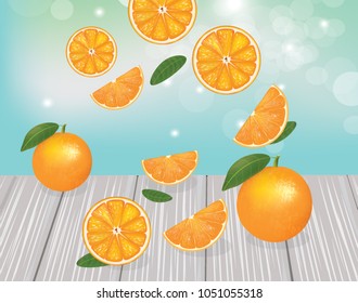 Orange fruits falling on wooden planks, vector