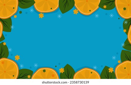Orange fruits and leafs background with copy spaces. Tropical fruits background, presentation and banner.
