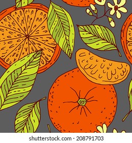 Orange fruits, leaves, flowers - seamless vector pattern