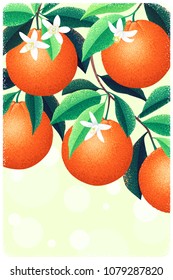 Orange fruits, leaves and flowers vertical banner. Retro vector illustration. Design for poster, invitation, card, flyer. Place for your text