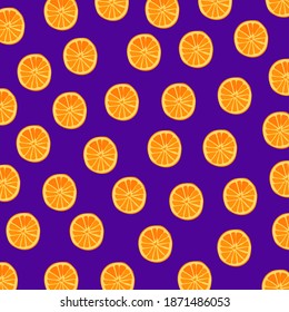 Orangefarbene Fruchtmuster auf violettem Hintergrund. Vektorgrafik 