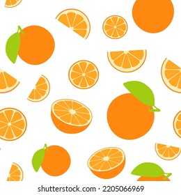 Orange fruits seamless pattern. Background in flat style isolated on white. Piece and Half of orange