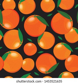 Orange fruits seamless pattern on black background. Grapefruit citrus fruit vector illustration.