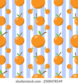 Orange fruits seamless pattern on blue and white stripe background. For cards, frames, posters, book and fabric. 