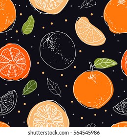 Orange fruits seamless pattern on black background