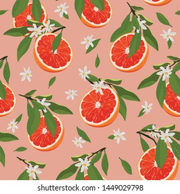 Orange fruits slice seamless pattern with flowers and leaves on rose pink background. Grapefruit citrus fruit vector illustration.