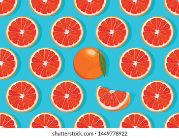 Orange fruits slice seamless pattern on blue background with shadow. Grapefruit citrus fruit vector illustration.