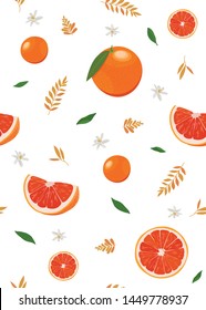 Orange fruits and slice seamless pattern with cute leaves on white background. Grapefruit citrus fruit vector illustration.