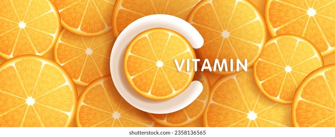 Las frutas naranjas cortan la vista sobre el fondo naranja. diseño para presentación de embalajes, publicidad, fondo de exposición de productos cosméticos. naturaleza vitamina C. diseño vectorial.