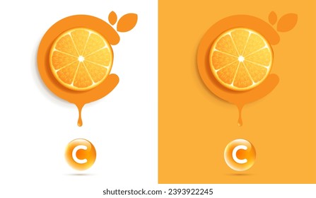 Orange fruits sliced top view on orange background. design for packaging presentation, advertising, cosmetic product display background. vitamin C nature. vector design.