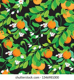 Orange fruits and trees seamless pattern on black background - Illustration, vector