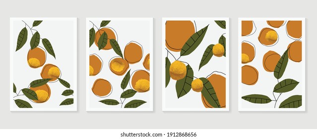 Orange fruits wall art background vector.  Hand drawn boho plants, leaves and line arts design for summer artistic cards, brochure covers, invitation, wallpaper, canvas prints and poster.