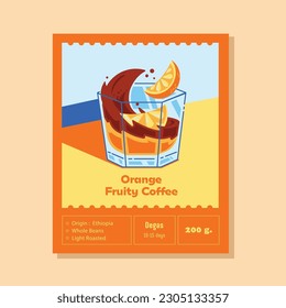 orange fruity coffee label with orange fruits , juice and americano coffee drink in glass.