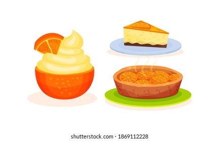 Orange Fruity Desserts with Pie and Mousse Vector Set