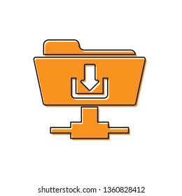Orange FTP folder download icon on white background. Concept of software update, transfer protocol, router, teamwork tool management, copy process. Vector Illustration