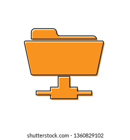 Orange FTP folder icon on white background. Concept of software update, ftp transfer protocol, router, teamwork tool management, copy process, info. Vector Illustration
