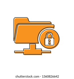Orange FTP folder and lock icon isolated on white background. Concept of software update, ftp transfer protocol. Security, safety, protection concept. Vector Illustration