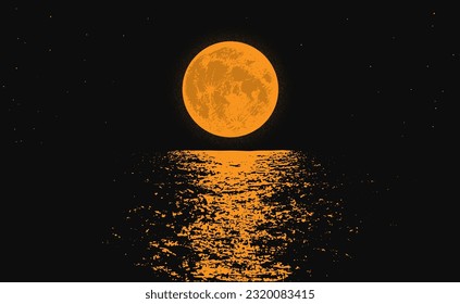 Orange full moon on the night sea