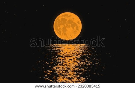 Orange full moon on the night sea