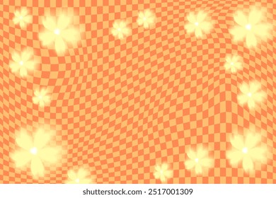 Orange funky psychedelic checkerboard pattern with flowers. Groovy funky textures. Stock vector illustration in flat style.