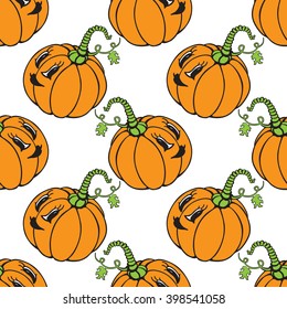 Orange funny cartoon pumpkin seamless pattern. Vector illustration of vegetable isolated on a white background