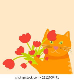 Orange funny cat with a bouquet of flowers.