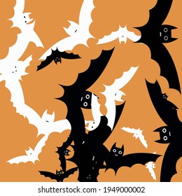 Orange Funny Light Scary Flying Bats Art Pattern. Faces White Grey Bats Vector Illustration. Retro Motion Chaos Print Modern Style Simple Art. Creepy Attack Spooky Black Halloween Modern Design.