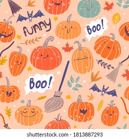 orange funny pumpkins on a pink background with bats and leaves