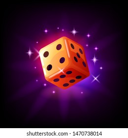Orange game dice in flight with sparkles slot icon for online casino or mobile game, vector illustration on dark purple background