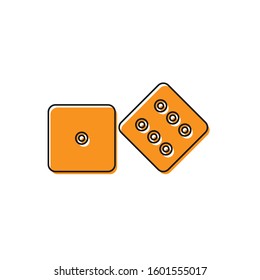 Orange Game dice icon isolated on white background. Casino gambling.  Vector Illustration
