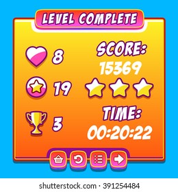 Orange game level complete interface panels ui buttons set