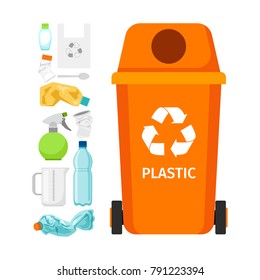 Orange garbage can with plastic garbage elements, vector illustration