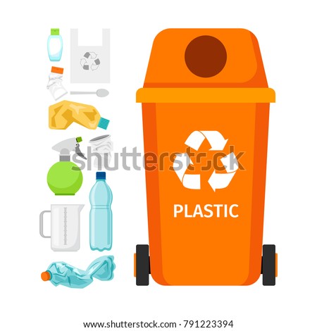 Orange garbage can with plastic garbage elements, vector illustration