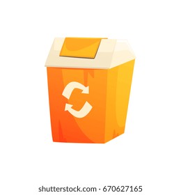 Orange garbage can with recycling sign, waste processing and utilization cartoon vector Illustration
