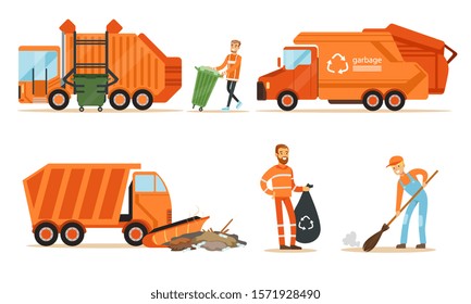 Orange garbage truck and a garbage collector remove garbage. Set of vector illustrations.